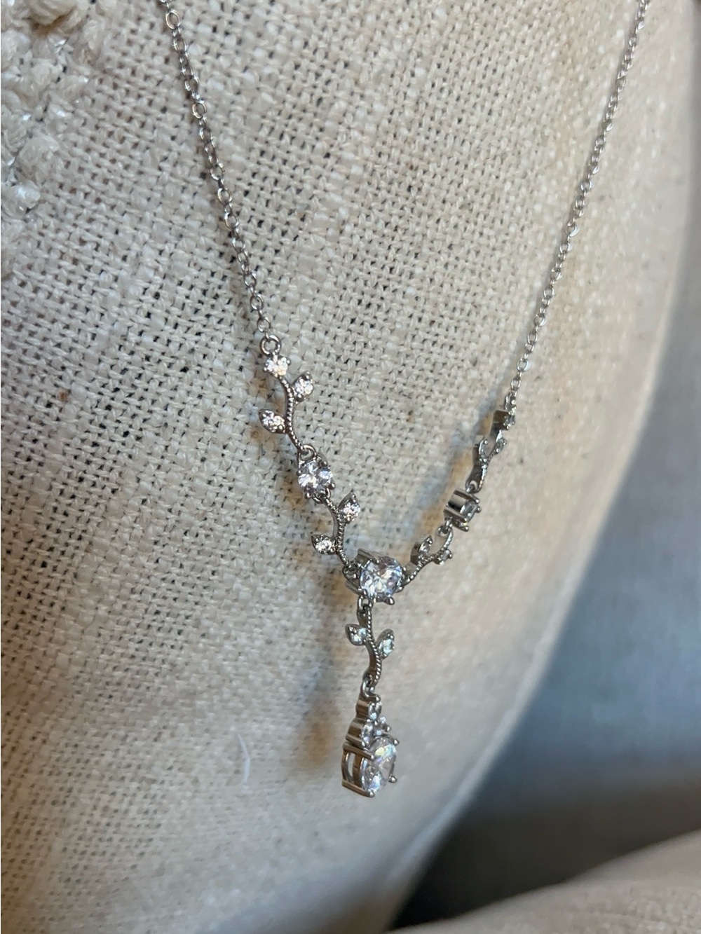 Romantic Whimsical Silver Crystal Vine Drop Necklace - Elegant Pendant - Signed